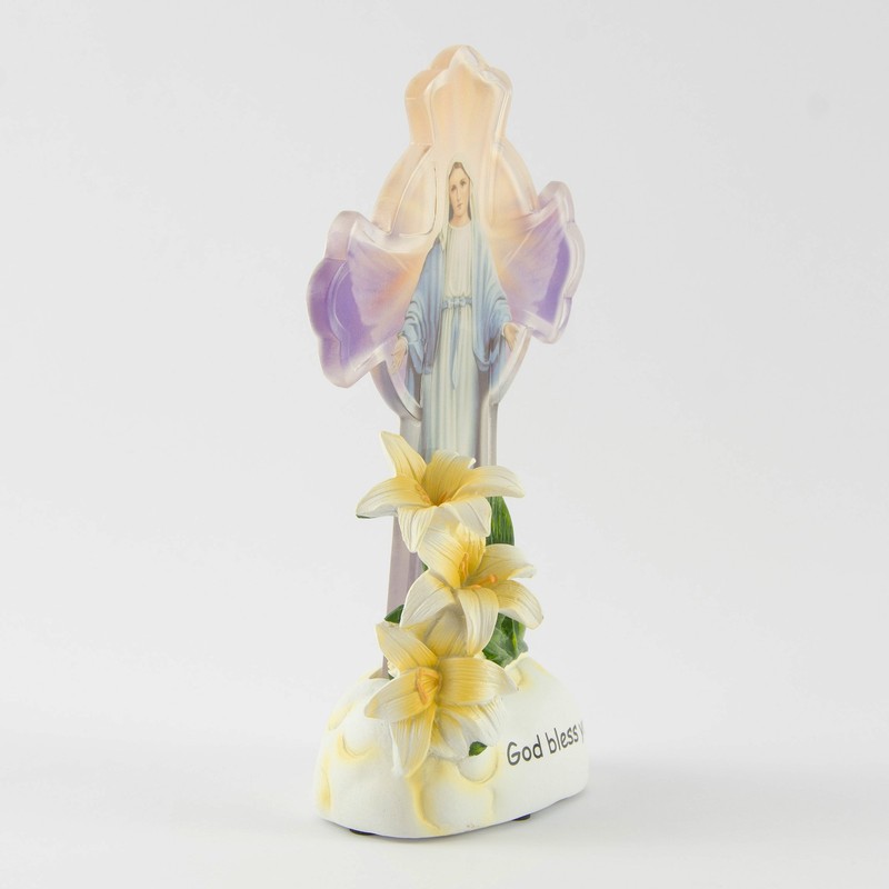 God Bless You Battery Operated 8" Illuminated Cross with Mother Mary Figurine gallery