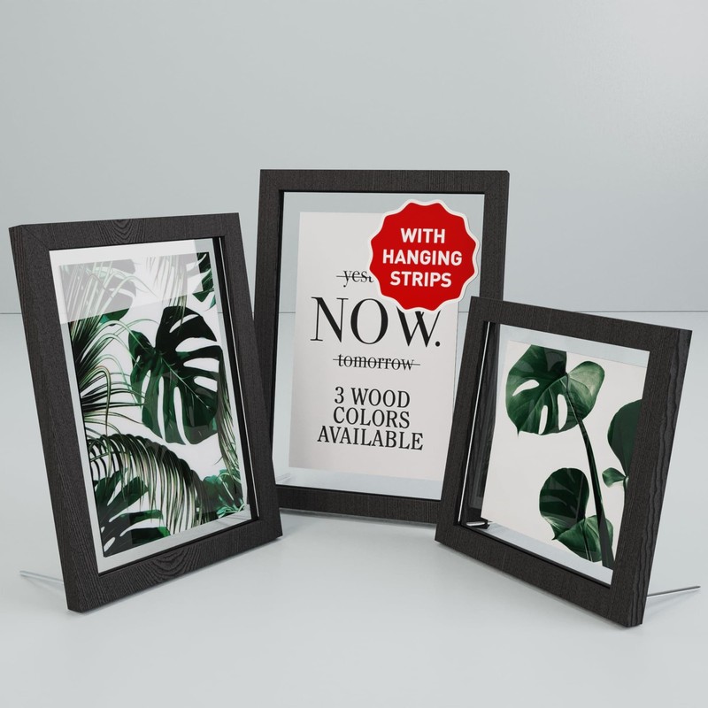 Latile Floating Picture Frames 3 Pc Glass Large Square Black UV Protection