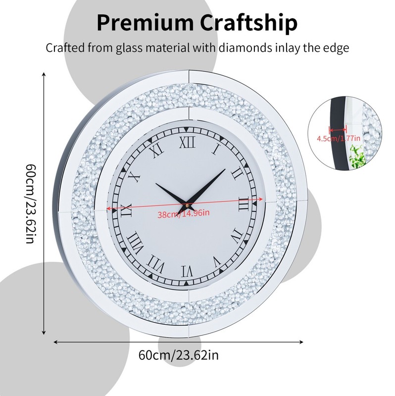 WISFOR 60/80cm Crush Diamond Inlay Round Wall Clock Decor/Mirror Clock/RoomDecor