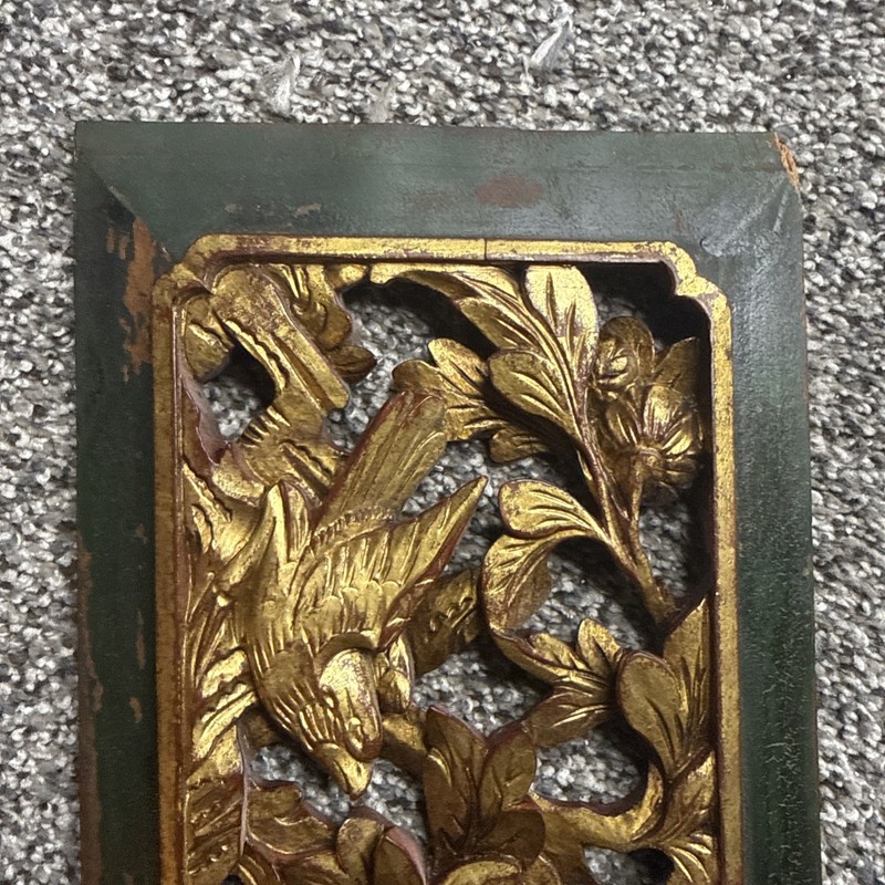 Vintage 15”x3” Wood Carved Panel Intricate Gold Bird Floral Motif Weathered gallery