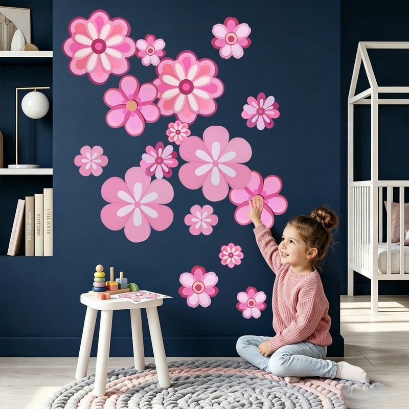 Pink Flower Wall Stickers 16pcs Waterproof Vinyl Decals for Nursery Bedroom gallery