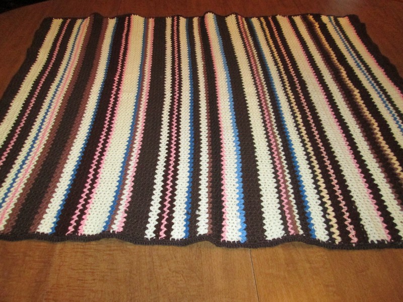 Vtg Handmade Striped Crochet Afghan Brown Multi Color Lap Throw Retro 38″ x 30″