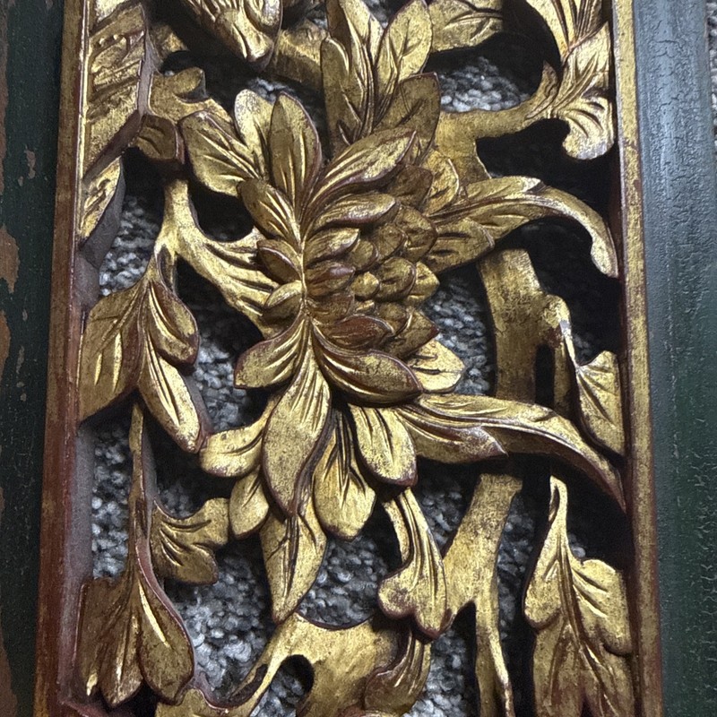Vintage 15”x3” Wood Carved Panel Intricate Gold Bird Floral Motif Weathered gallery