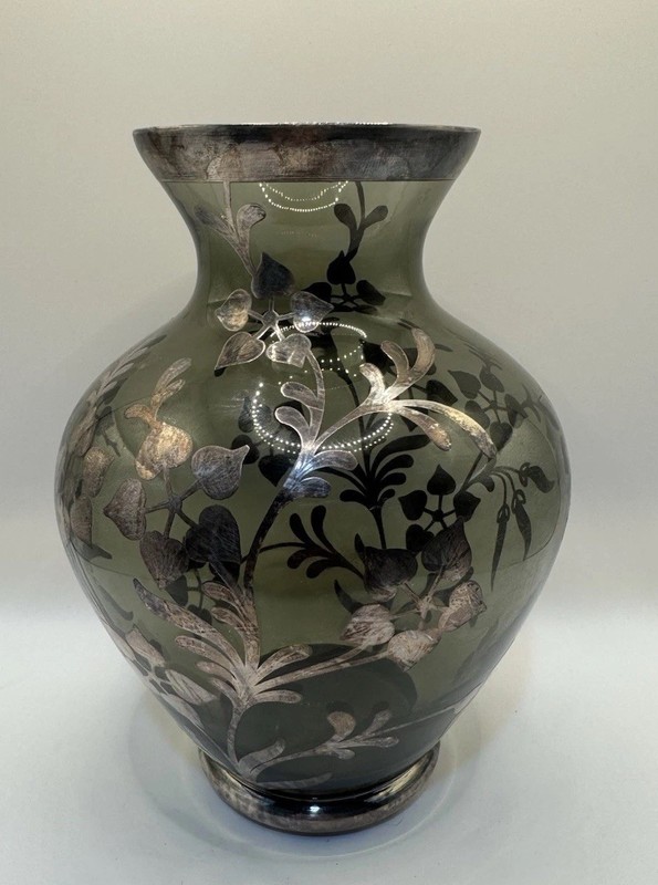 Vintage Amethyst Purple Glass Vase Silver Floral Overlay Art Nouveau Style