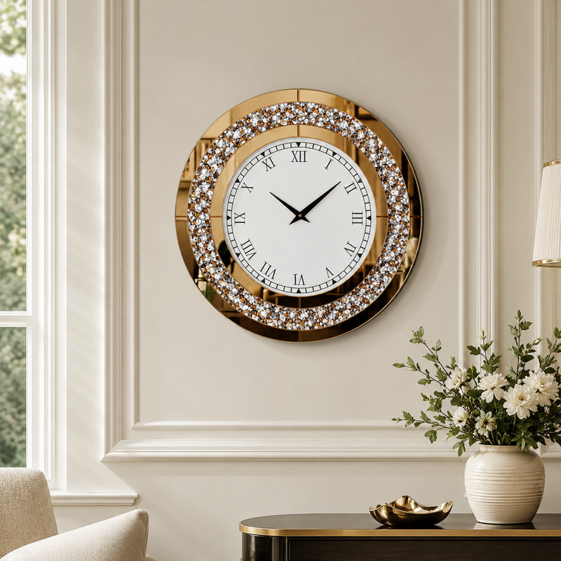 Crushed Diamond Wall Clock For Home Decor Silver Tawny Tinted Round Modern Style gallery