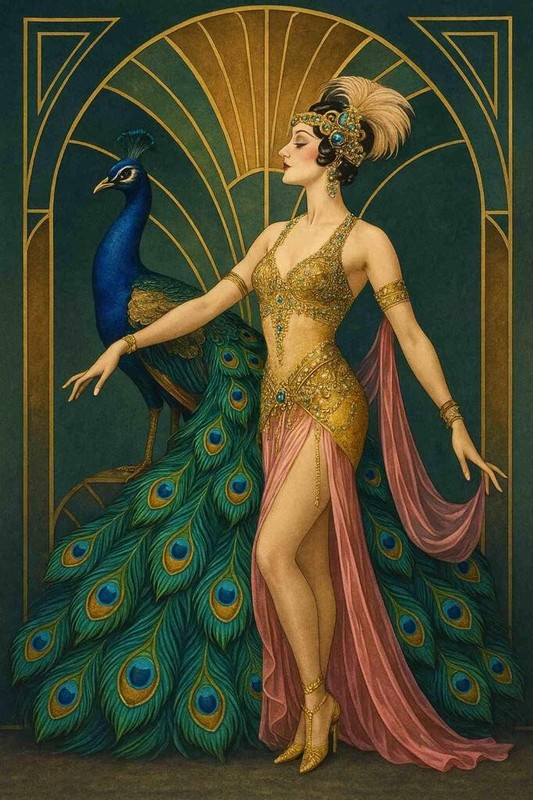 Vintage Art Deco Peacock Goddess Glamorous 1920s Woman Regal Bird Wall Art Print